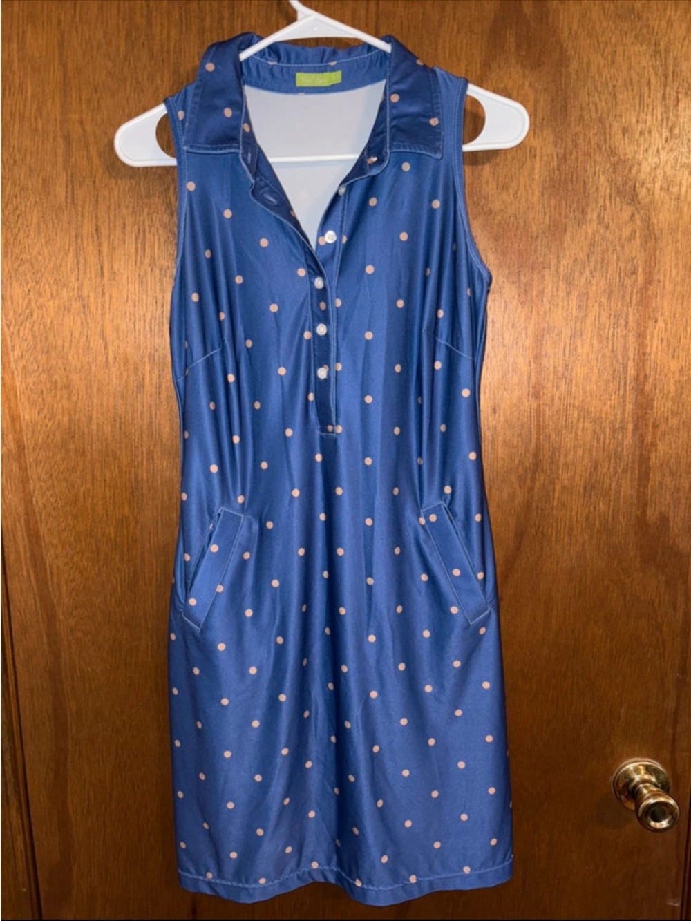 Sleeveless Navy Polka Dot Midi Dress with Front Buttons and Pockets